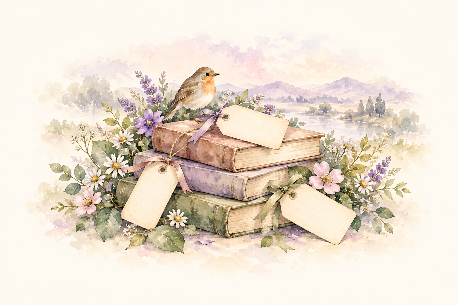 Illustration of vintage books and blank name tags among wildflowers with a small songbird