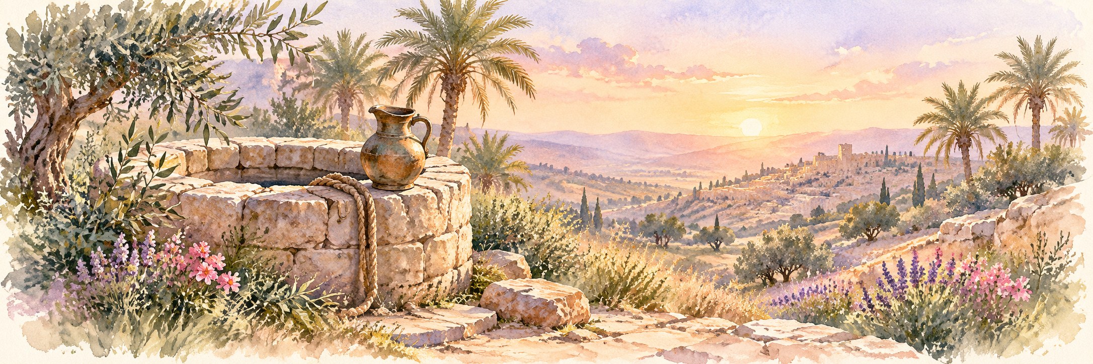 An ancient stone well with a bronze jug at dawn, palm trees and pale desert hills beyond