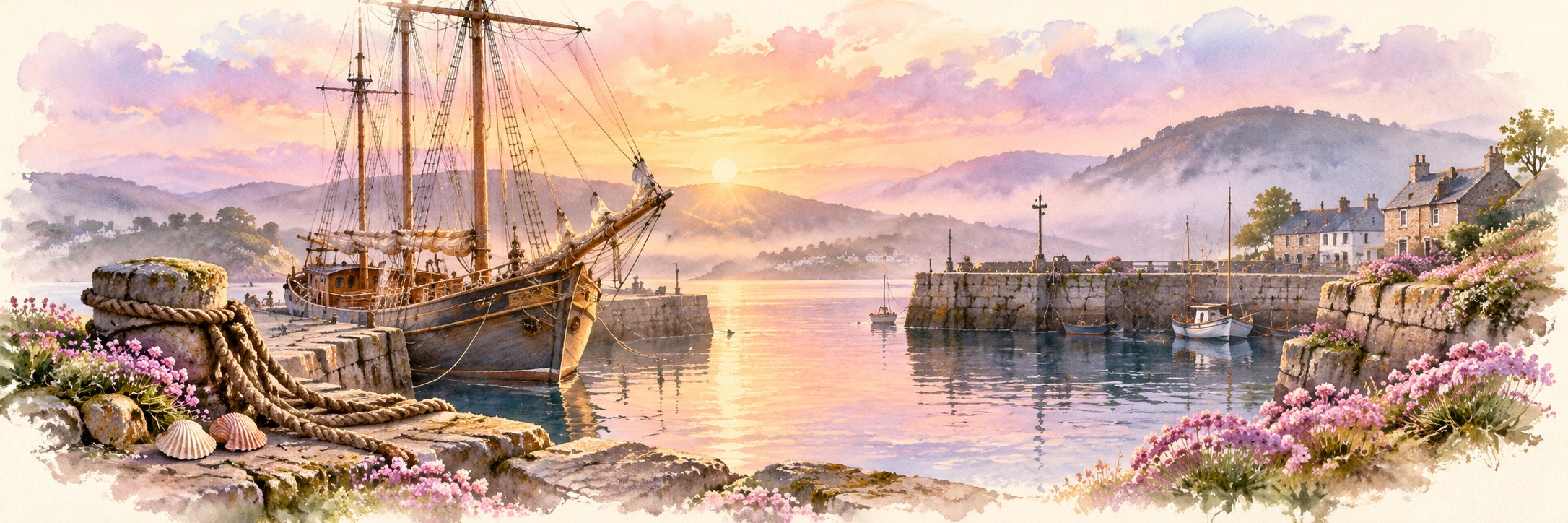 A sheltered old stone harbour at sunrise with a tall sailing ship, scallop shells and sea thrift on the quay