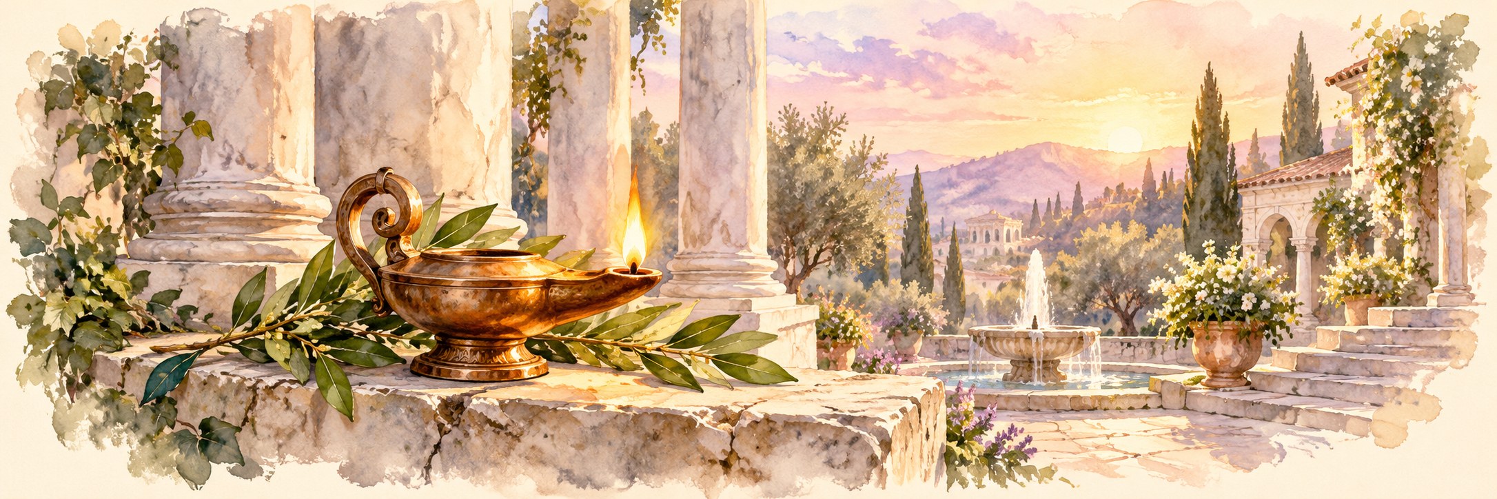 A warm bronze oil lamp glowing on a stone ledge in front of white marble columns, laurel leaves and a sunlit Roman courtyard