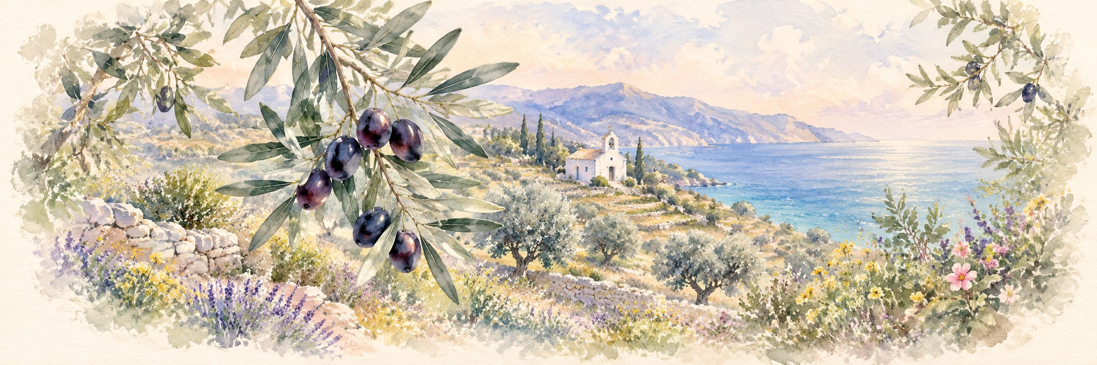 A silver-green olive branch with ripe olives in front of a sunlit Mediterranean olive grove, a stone terrace and the sea