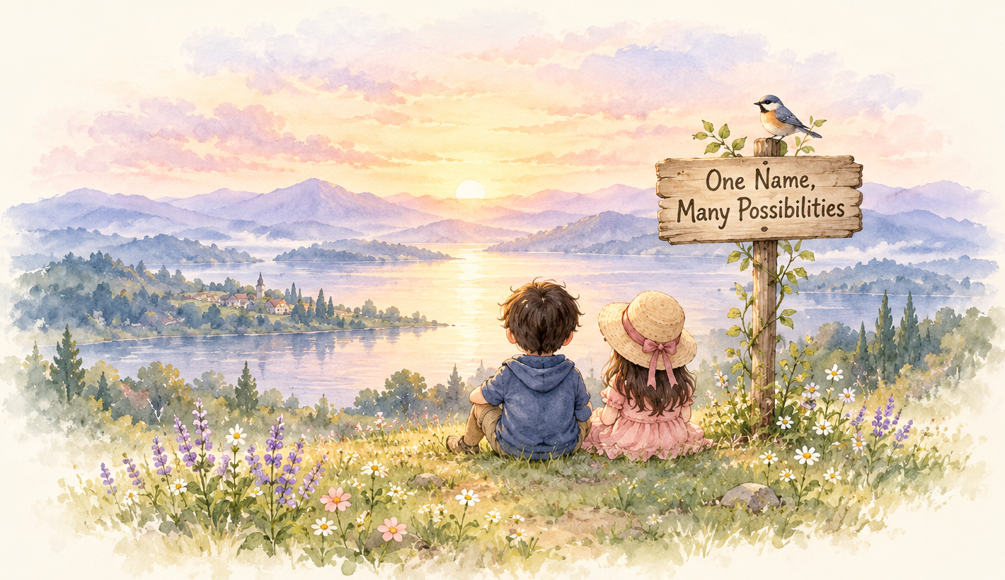 A boy and a girl sit on a hillside at sunrise beside a wooden sign reading One Name, Many Possibilities
